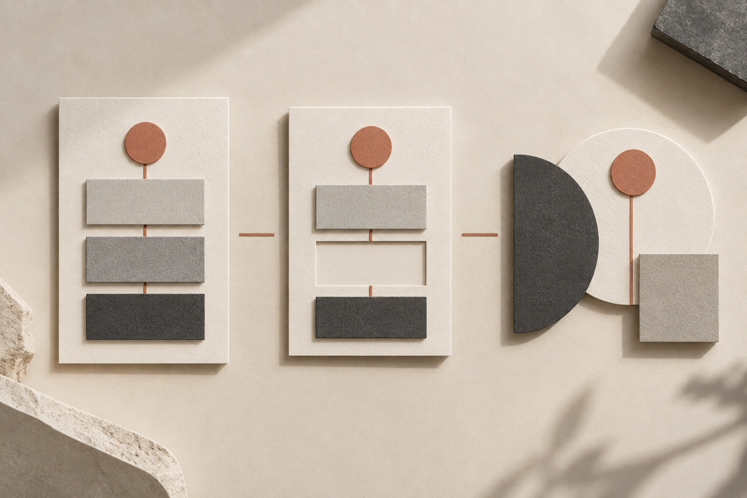 Two text-free paper arrangements sit across a reporting-period boundary: work occurs before later payment, while an earlier insurance payment covers time beyond the boundary. A coral thread links the different structures as translucent guides gradually disappear.