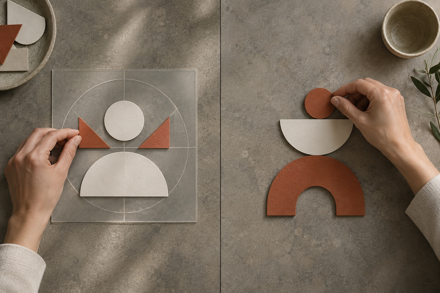 Two related paper-based tasks sit side by side, one completed with a translucent guide and the other completed independently without it.